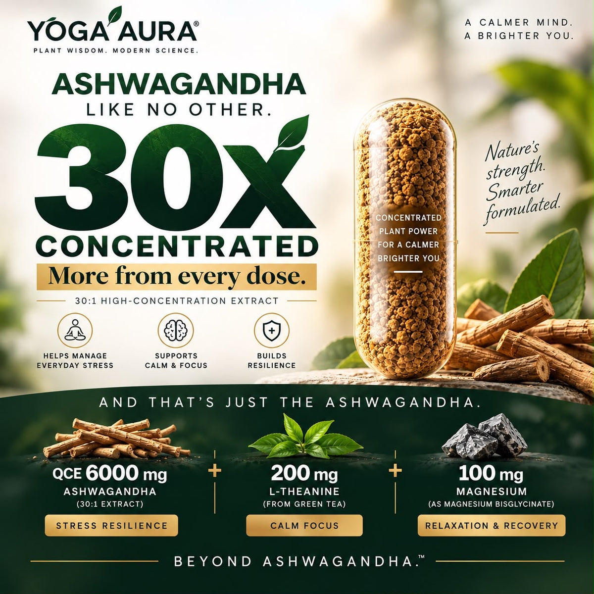 Yoga Aura Ashwagandha + L-Theanine + Magnesium Tri-Formula Capsules | Calm Focus & Relaxation Support