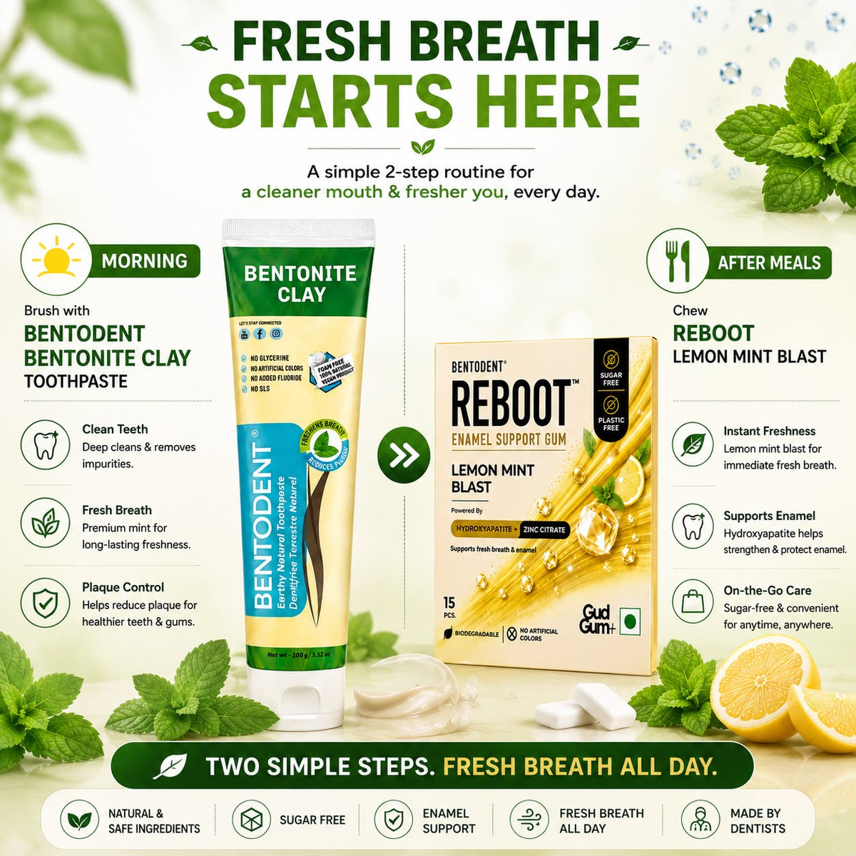 Bentodent Natural Toothpaste 100g with Premium Mint & Calcium Bentonite + REBOOT Lemon Mint Blast Enamel Support Gum 15 Pcs | Sugar Free & Plastic Free Gum | Nano Hydroxyapatite & Zinc Citrate | Fresh Breath, Bad Breath Control & Daily Oral Care Combo