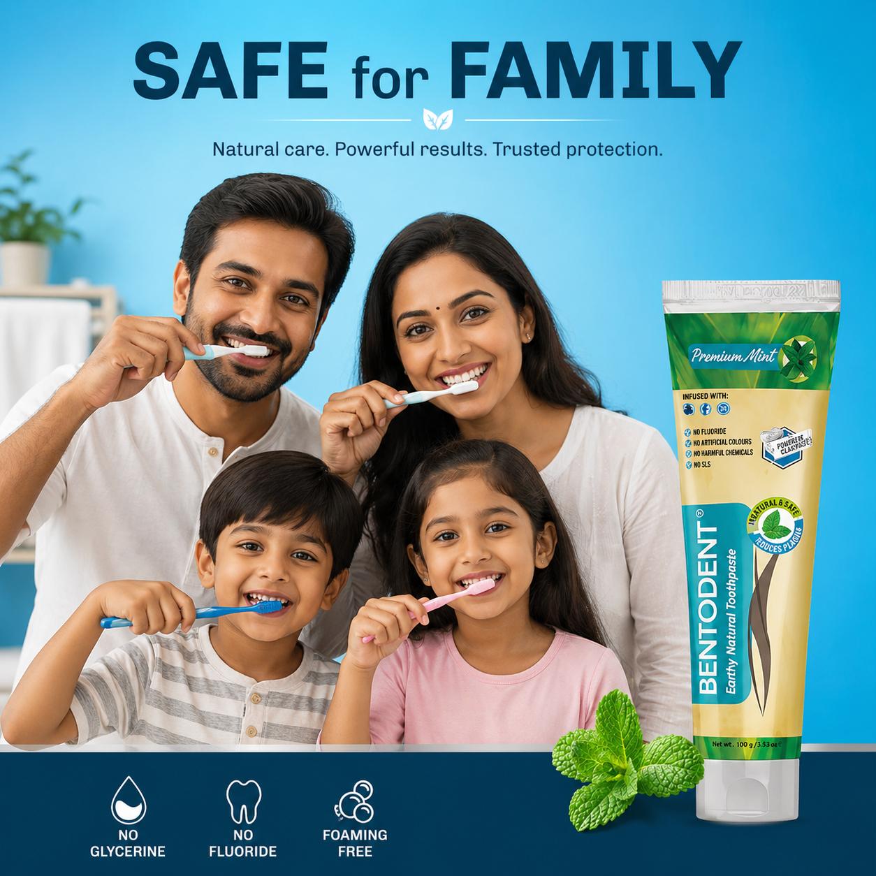 Bentodent Premium Mint Herbal Toothpaste - SLS Free , Natural & Fluoride Free - 100 gm