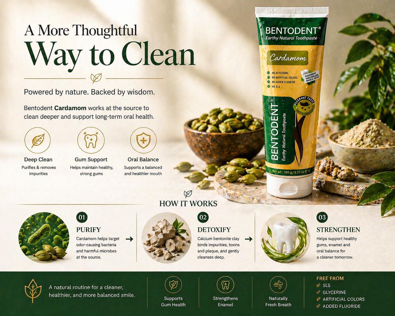 Bentodent Cardamom Toothpaste - Natural, No SLS & Fluoride Free - 100 gm