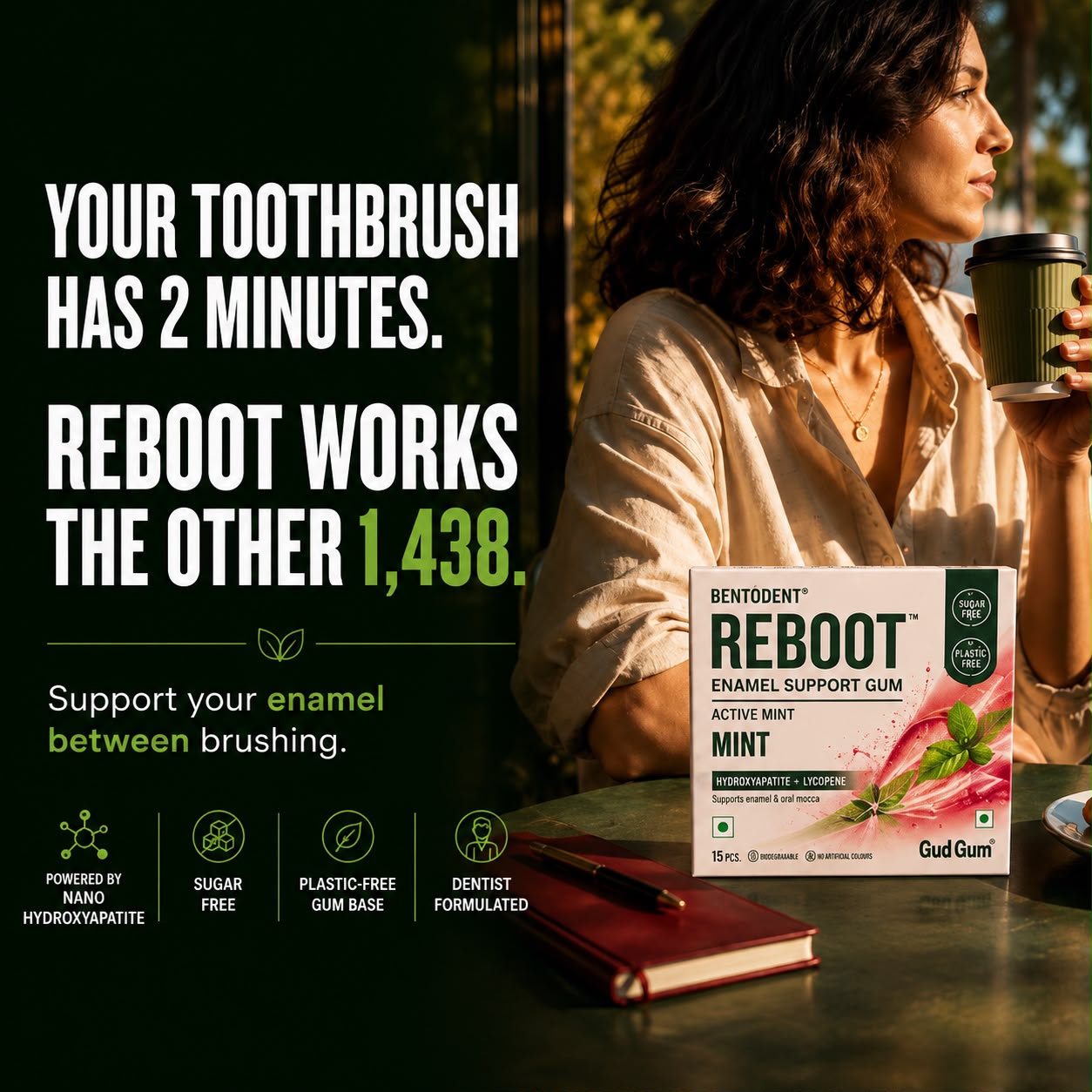 BENTODENT REBOOT Premium Enamel Support Gum – Hydroxyapatite + Lycopene Oral Care Formula, Sugar Free Active Mint Gum, Supports Enamel & Oral Mucosa, Biodegradable, 15 Pcs