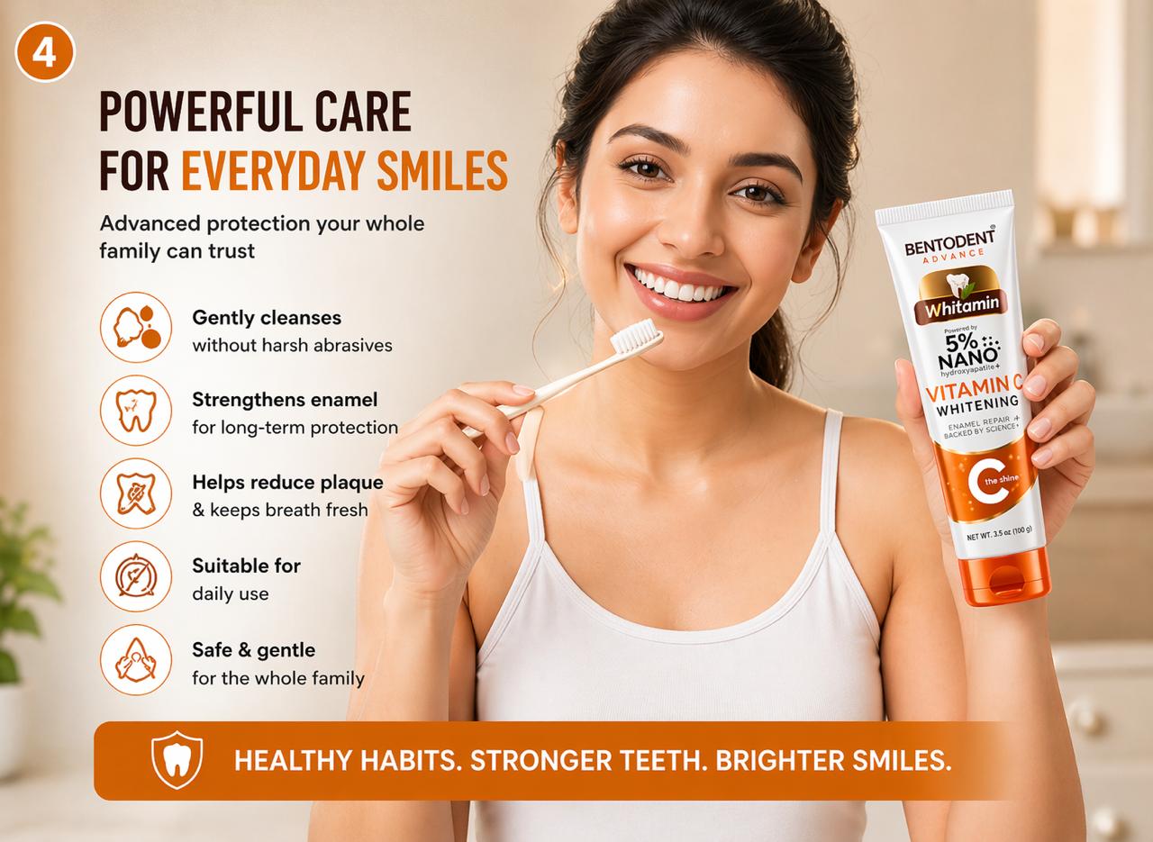 BENTODENT TOOTHPASTE Advance Whitamin Teeth Whitening Toothpaste, Vitamin C, 5% Nano Hydroxyapatite, Enamel Repair, 100g