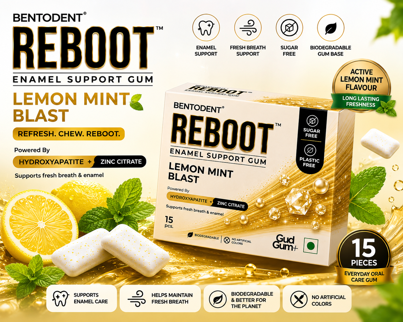 BENTODENT REBOOT Premium Enamel Support Gum – Lemon Mint Blast | Hydroxyapatite + Zinc Citrate | Sugar Free Gum for Fresh Breath & Enamel Care | Biodegradable Gum Base | 15 Pcs