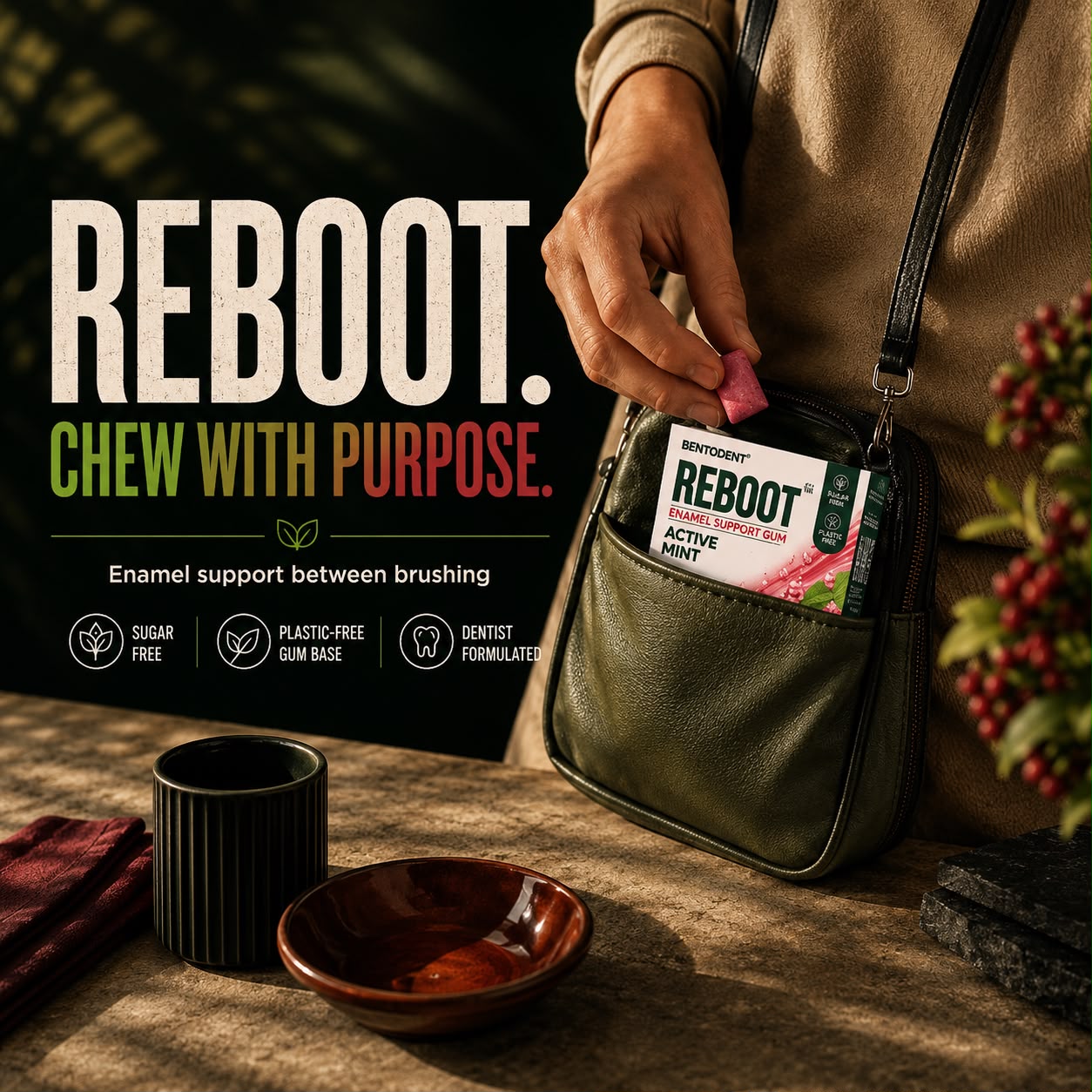 BENTODENT REBOOT Premium Enamel Support Gum – Hydroxyapatite + Lycopene Oral Care Formula, Sugar Free Active Mint Gum, Supports Enamel & Oral Mucosa, Biodegradable, 15 Pcs