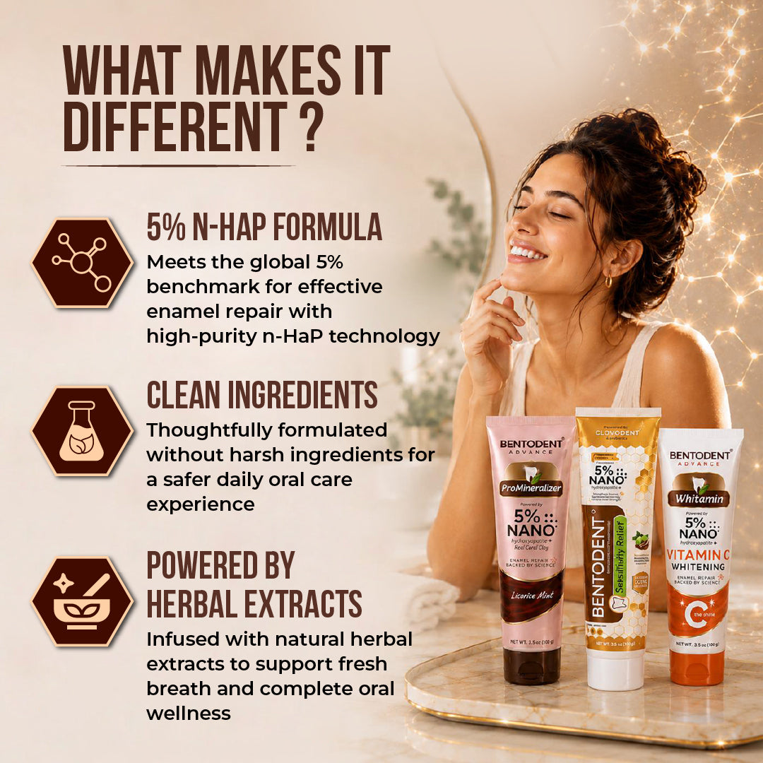Bentodent Advance powered by 5% High Purity Nano Hydroxyapatite Toothpaste Collection (Repair, Protect, Whitening) | Pack of 3 (Promineraliser, Vitamin C and Sensitivity Relief)