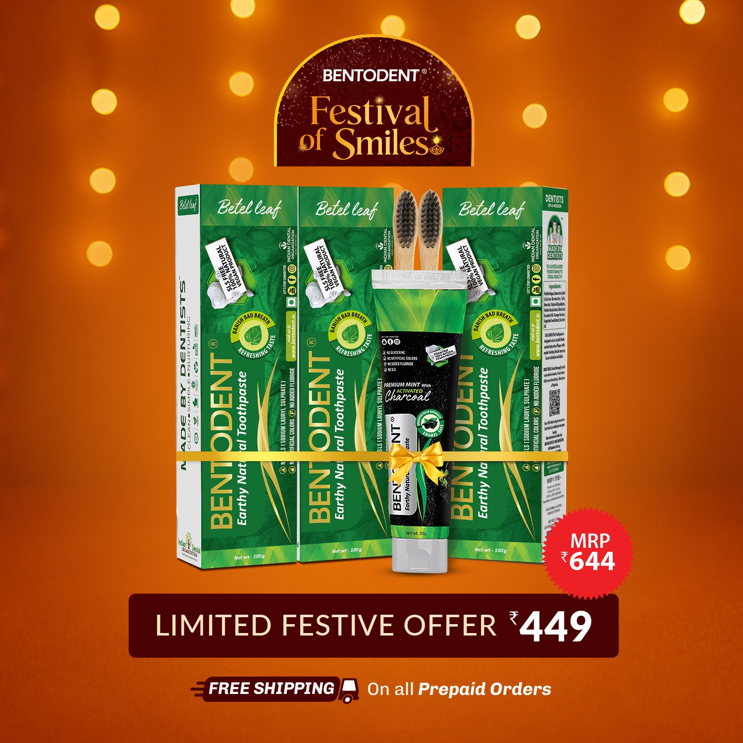 Bentodent Betel Leaf Organic Toothpaste - SLS Free - 100 gm (FREE DIYA).