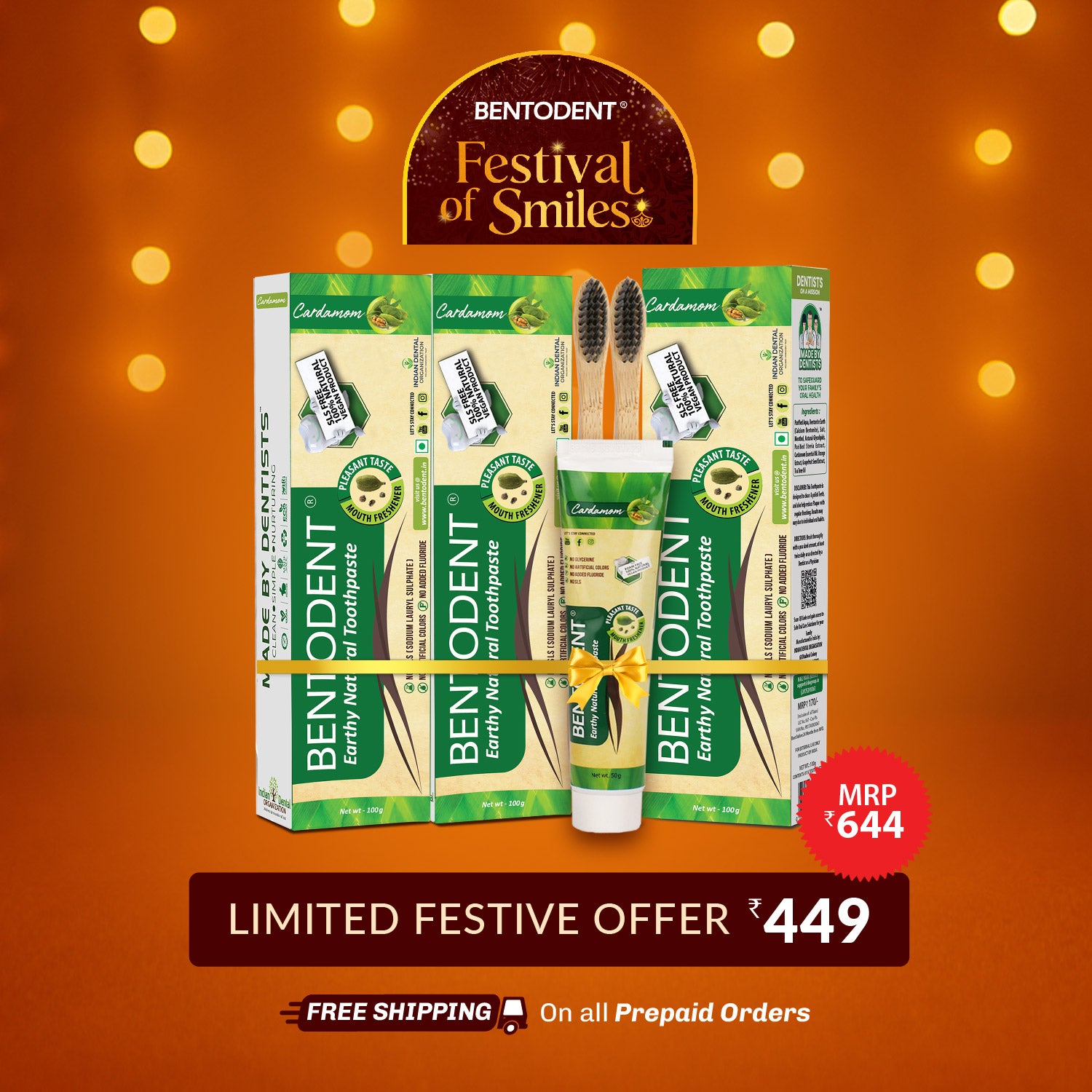 Bentodent Cardamom Toothpaste - Natural, No SLS & Fluoride Free - 100 gm (FREE DIYA).