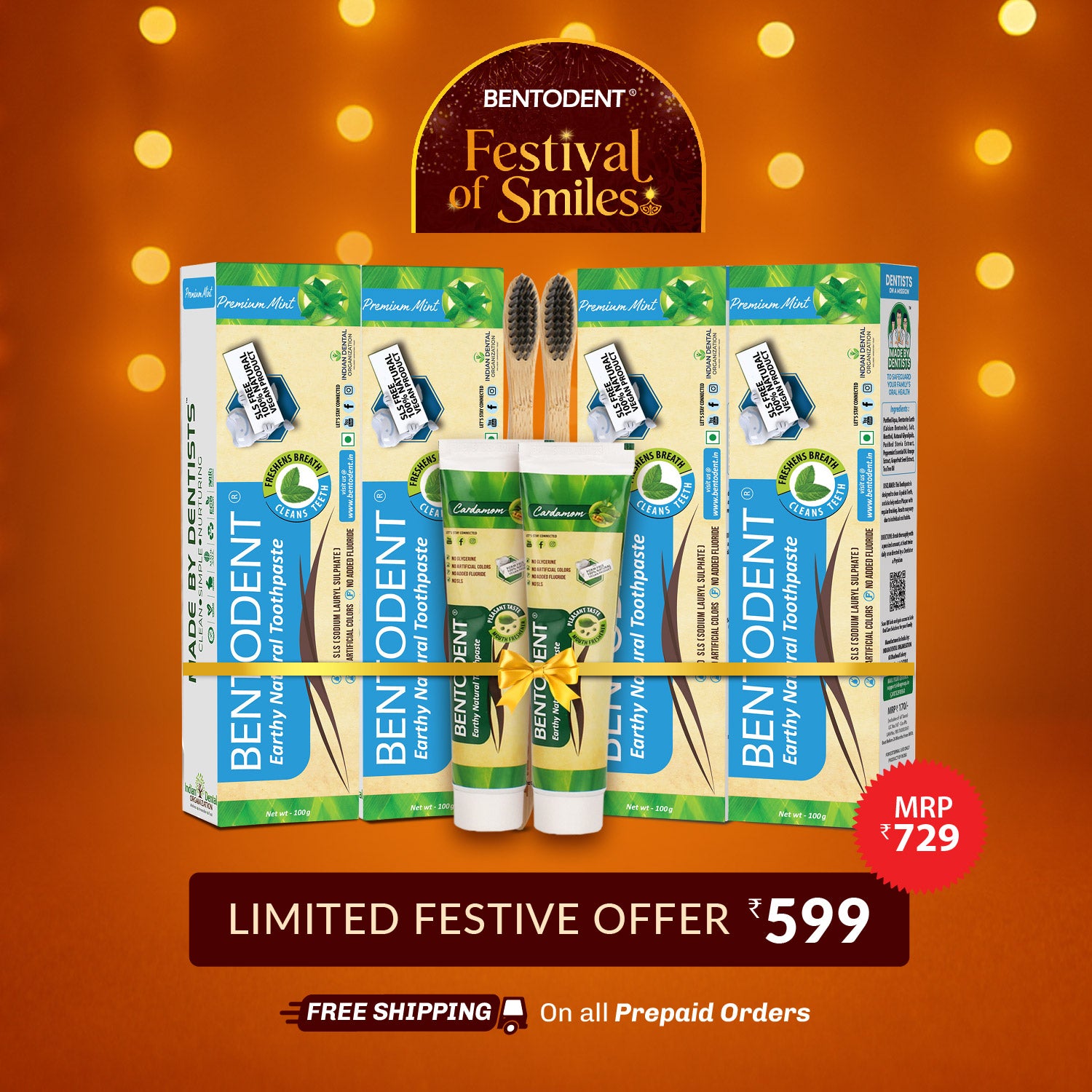 Bentodent Premium Mint Herbal Toothpaste - SLS Free , Natural & Fluoride Free - 100 gm