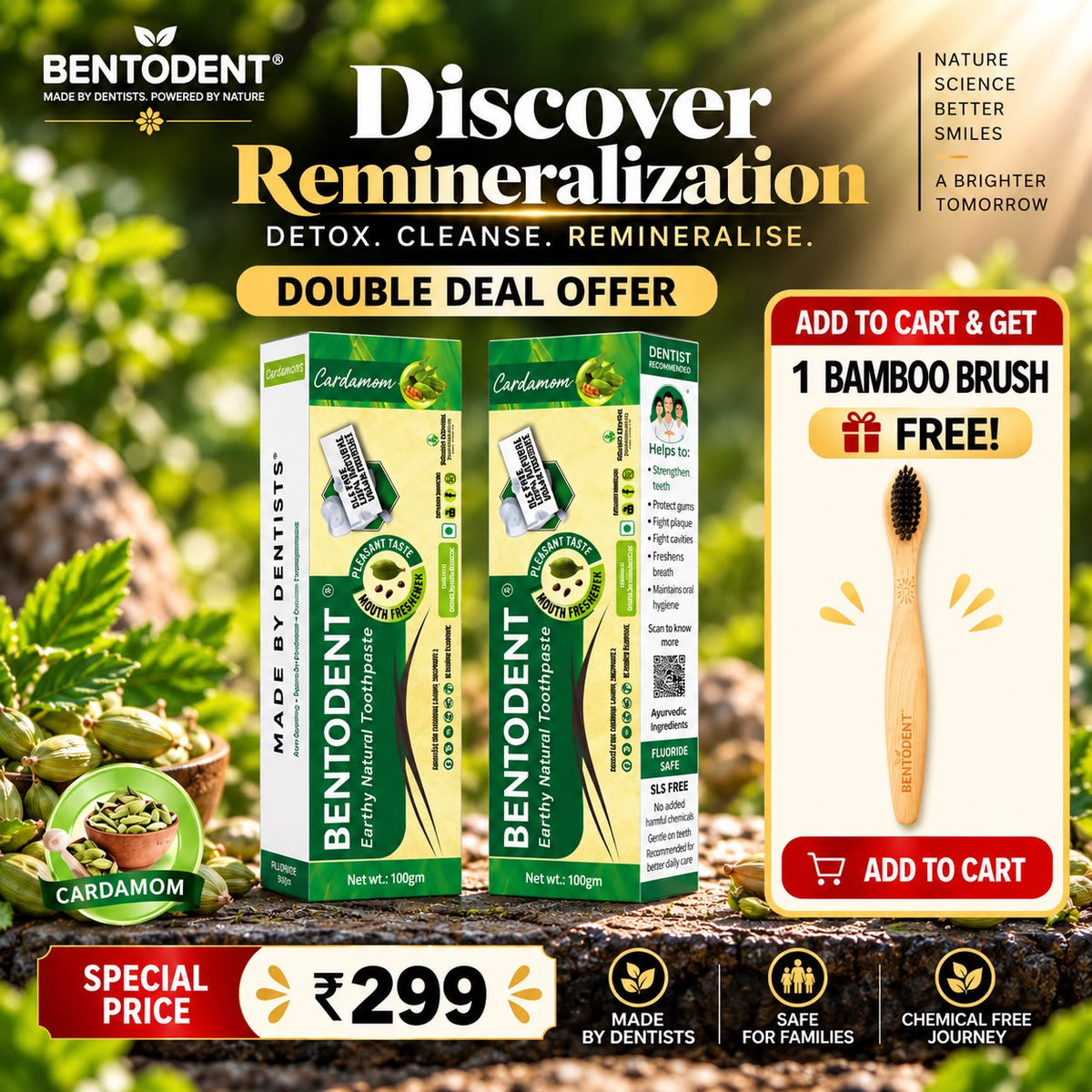 Bentodent Cardamom Natural Herbal Toothpaste Twin Pack | 100g Each | SLS Free & Fluoride Free | 1 Free Bamboo Toothbrush | Daily Oral Care