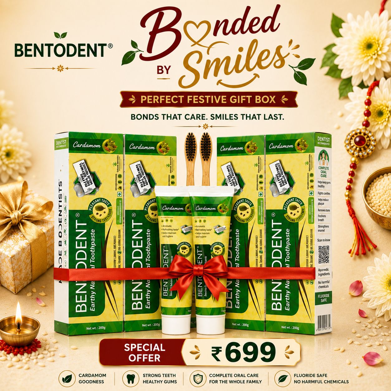 Bentodent Cardamom Toothpaste - Natural, No SLS & Fluoride Free - 100 gm