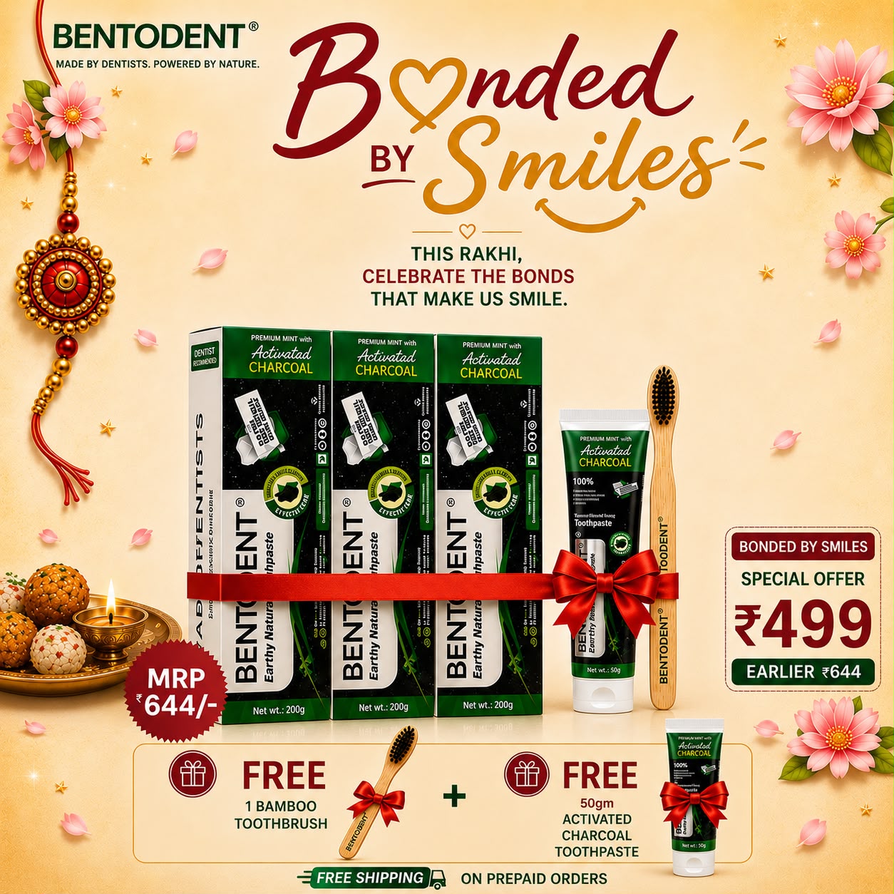 Bentodent Charcoal Teeth Whitening Collection – Pack of 4 (100g) | 2 × 50g Toothpastes + 2 Bamboo Toothbrushes | Natural & Fluoride-Free
