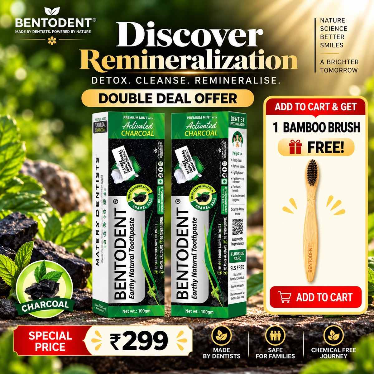 Bentodent Charcoal Toothpaste - Teeth Whitening (Twin Pack) - 100 gm each