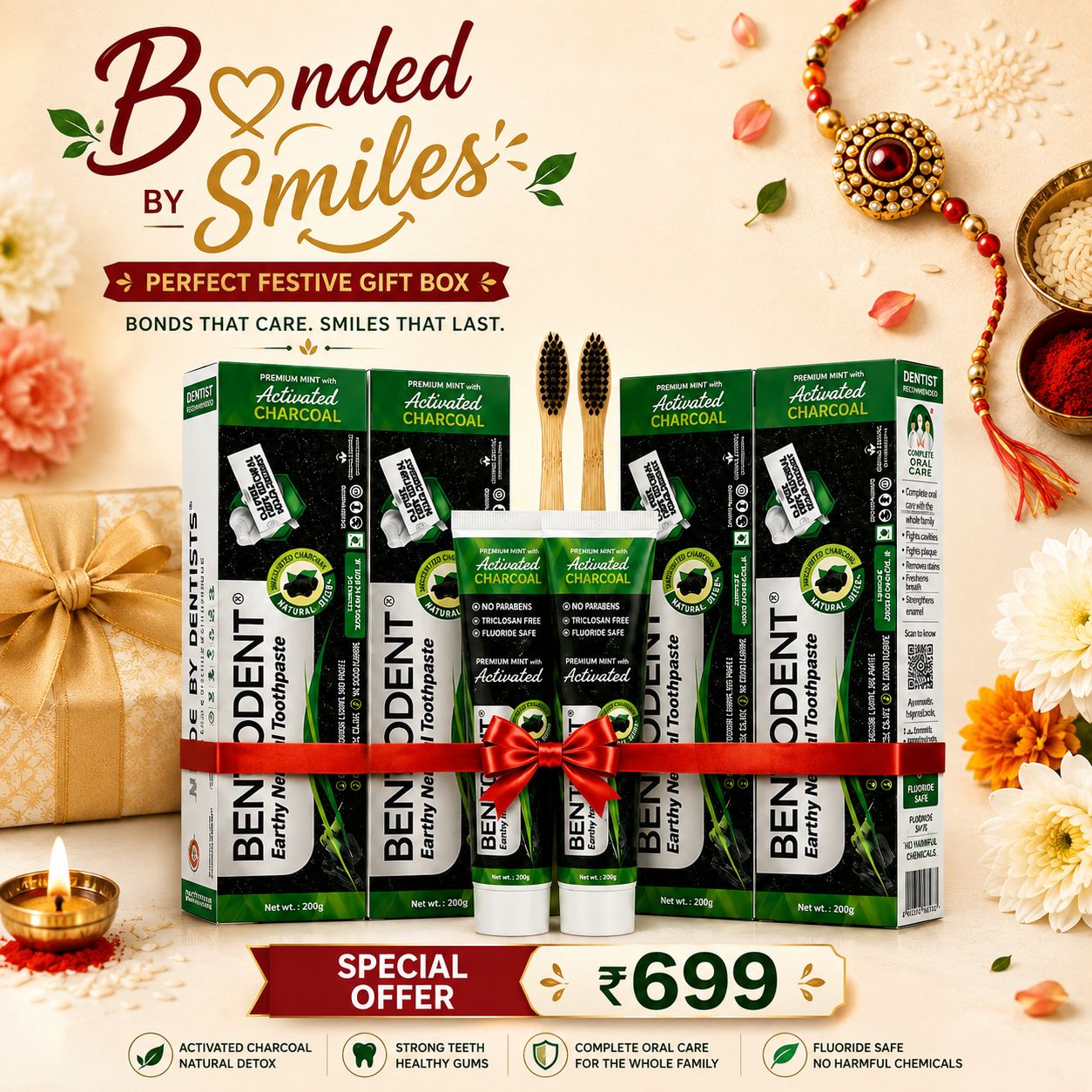 Bentodent Charcoal Teeth Whitening Toothpaste -  Natural & Fluoride Free - 100 gm