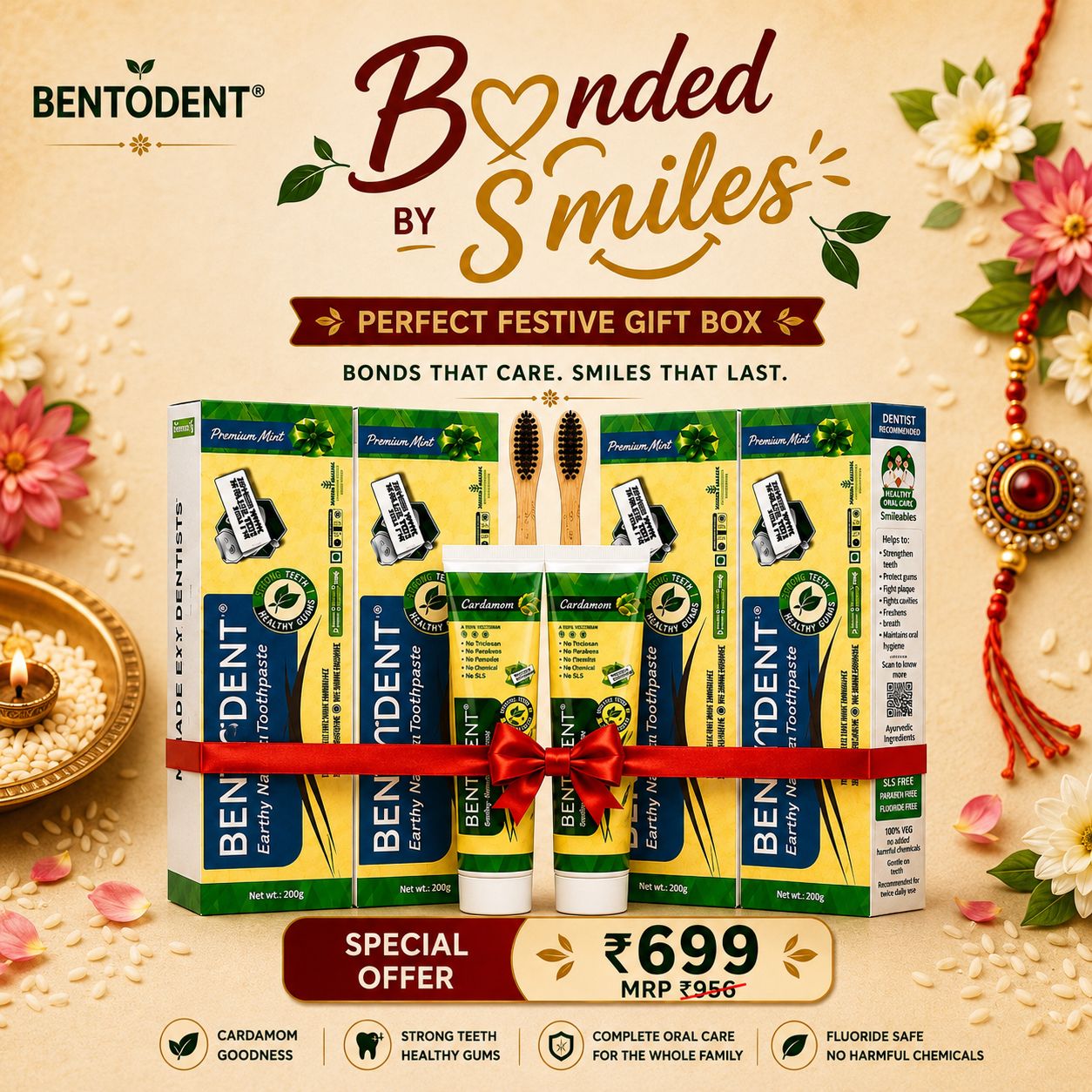 Bentodent Premium Mint Herbal Toothpaste - SLS Free , Natural & Fluoride Free - 100 gm