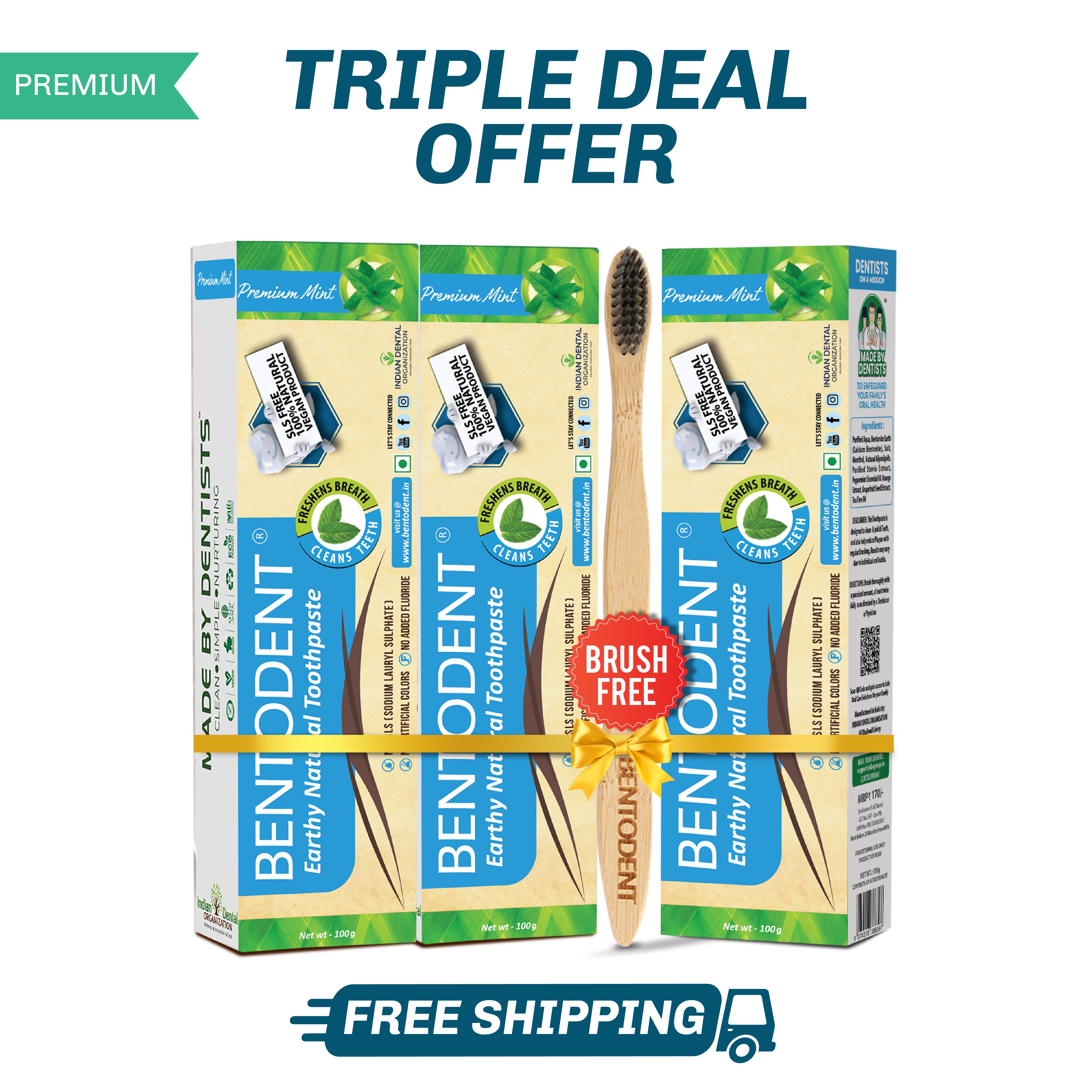 Bentodent Premium Mint Herbal Toothpaste - SLS Free , Natural & Fluoride Free - 100 gm
