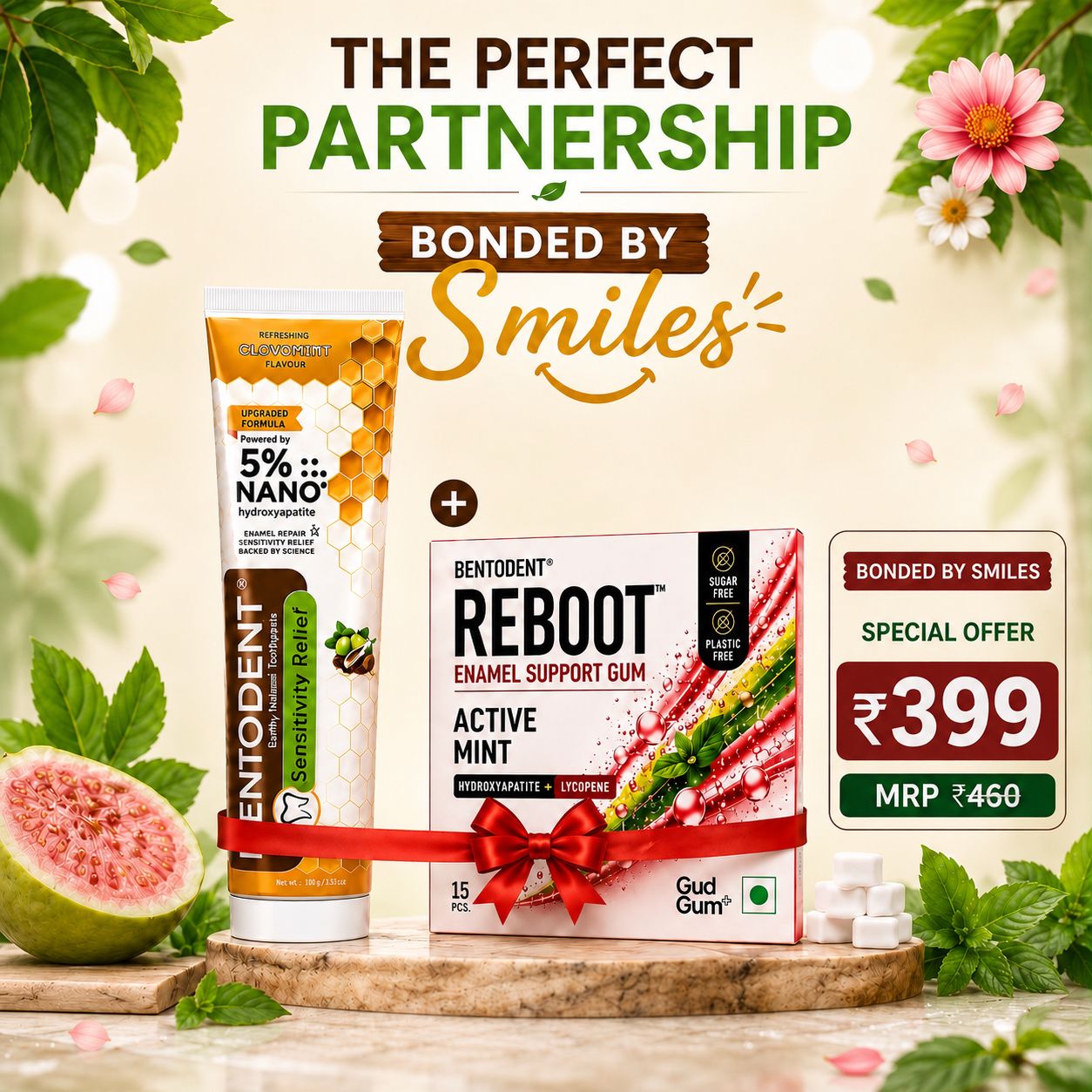 Bentodent Sensitivity Relief Toothpaste 100g + REBOOT Active Mint Enamel Support Gum 15 Pcs with Nano Hydroxyapatite & Lycopene | Sugar Free & Plastic Free Chewing Gum | Enamel Repair, Sensitive Teeth & Fresh Breath | Daily Oral Care Combo