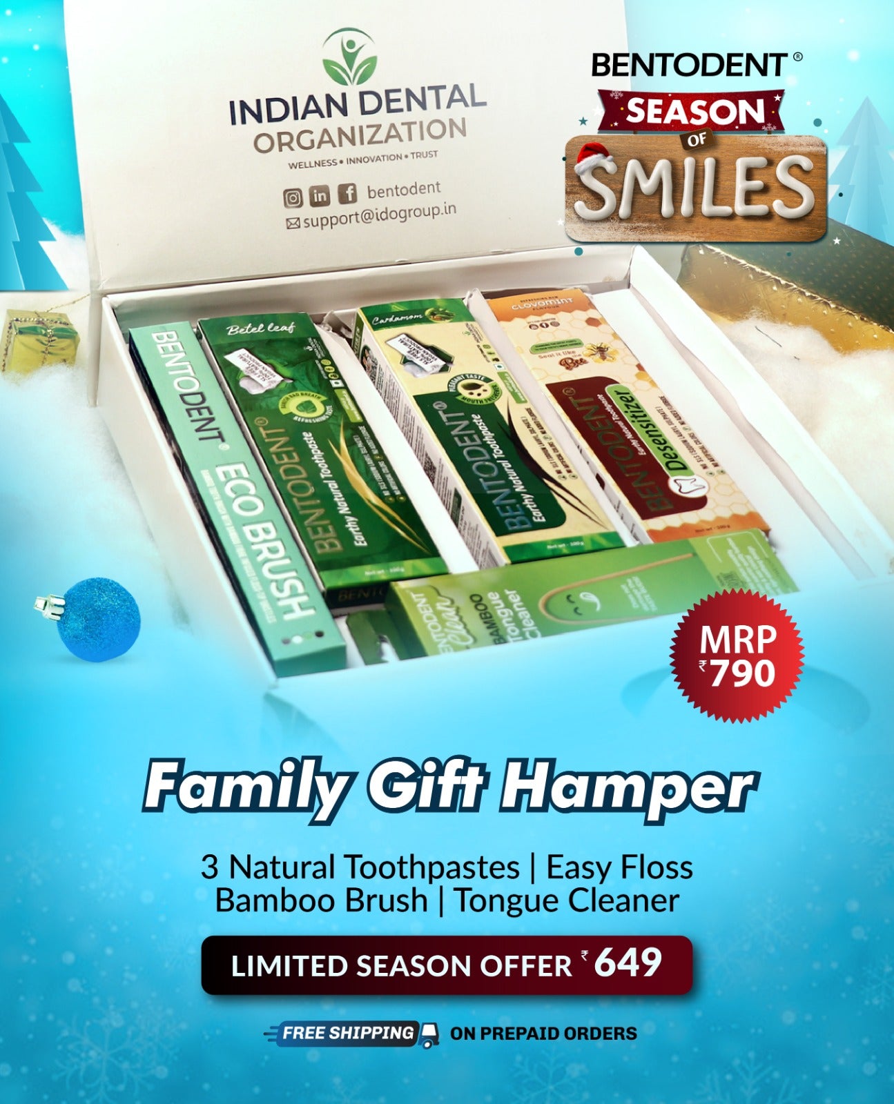 Bentodent Festival Smile Box - 3 Natural Toothpaste, Easy Floss, bamboo Brush and Tongue Cleaner