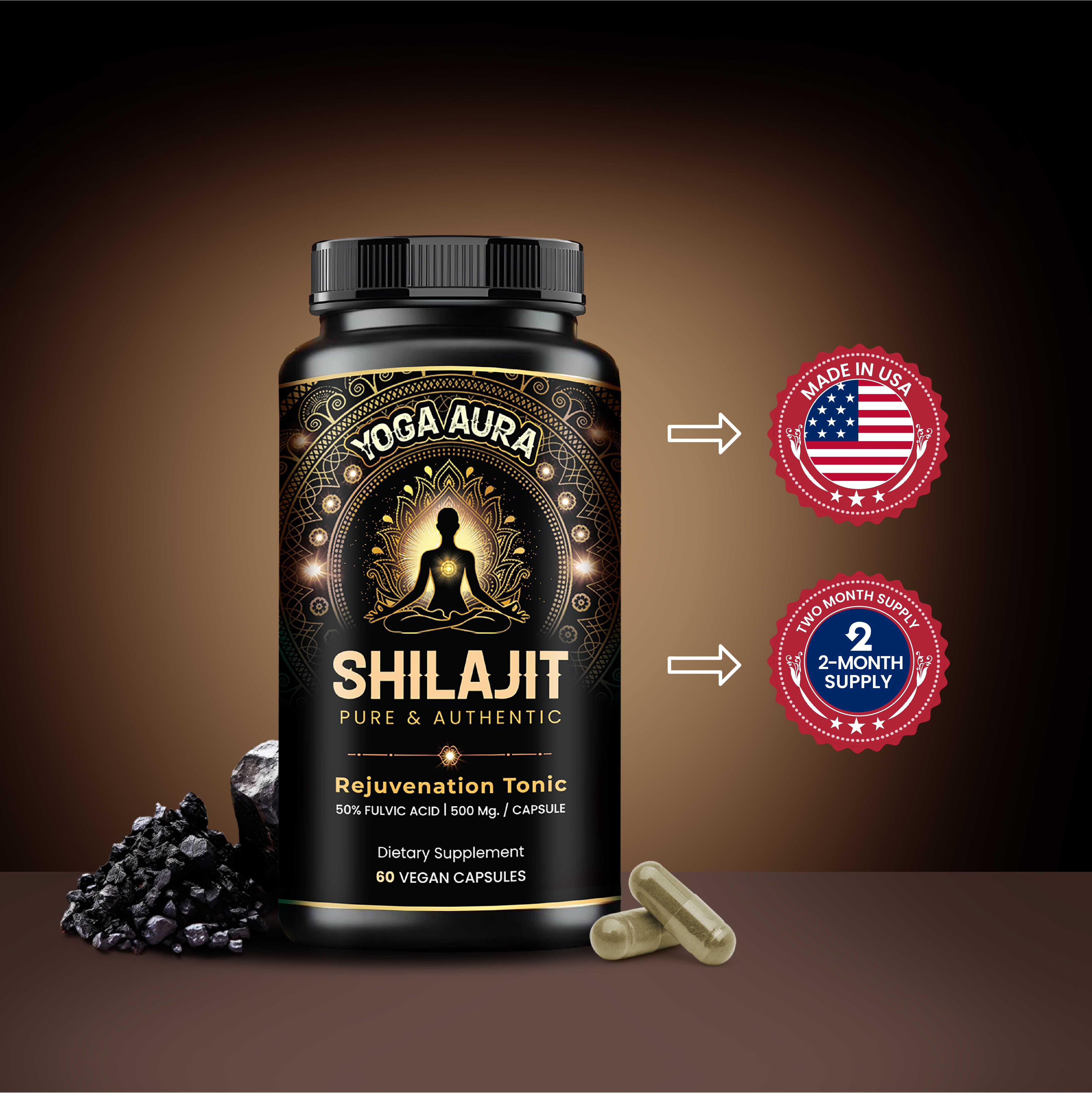 Yoga Aura 100% Pure Shilajit – 500 mg, 50% Fulvic Acid | Lab-Tested with COA | Canada & USA |