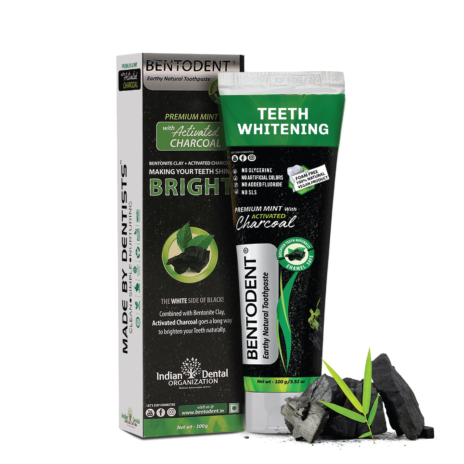 Bentodent Charcoal Teeth Whitening Toothpaste -  Natural & Fluoride Free - 100 gm - Indian Dental Organization
