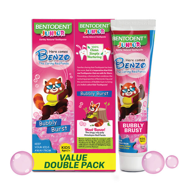 Bentodent 100% Natural Kids Bubble Gum twin Toothpaste, Fluoride Free,  Sls Free, Complete oral care protection for kids, Fresh Breath, Best toothpaste for kids 2+ years 100g  each