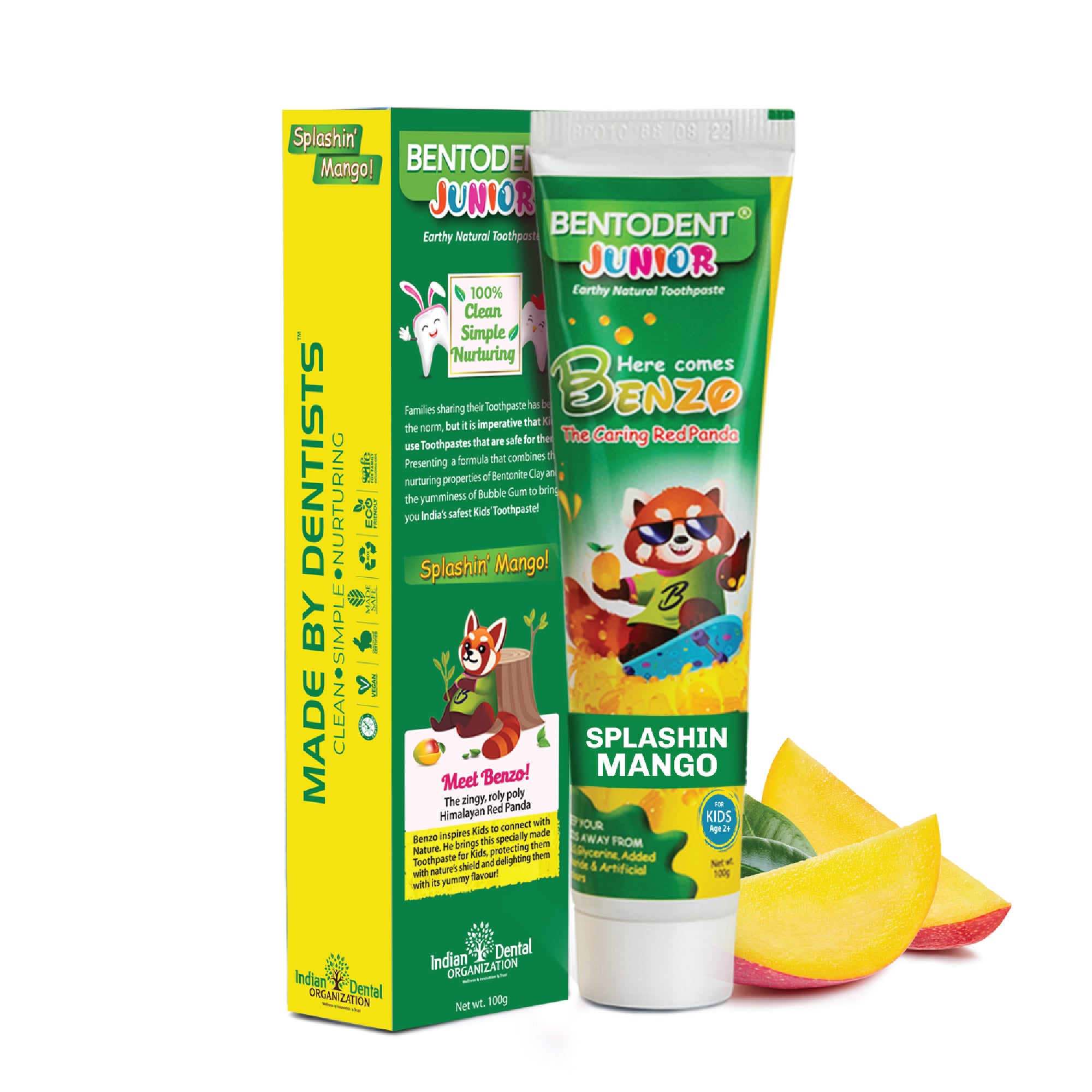 Bentodent 100% Natural Kids Splashin Mango twin Toothpaste, Fluoride Free,  Sls Free, Complete oral care protection for kids, Fresh Breath, Best toothpaste for kids 2+ years 100g  each - Indian Dental Organization