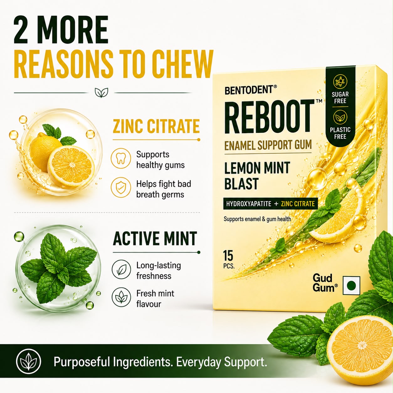 BENTODENT REBOOT Premium Enamel Support Gum – Lemon Mint Blast | Hydroxyapatite + Zinc Citrate | Sugar Free Gum for Fresh Breath & Enamel Care | Biodegradable Gum Base | 15 Pcs