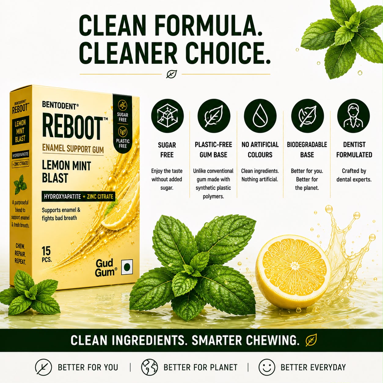 BENTODENT REBOOT Premium Enamel Support Gum – Lemon Mint Blast | Hydroxyapatite + Zinc Citrate | Sugar Free Gum for Fresh Breath & Enamel Care | Biodegradable Gum Base | 15 Pcs