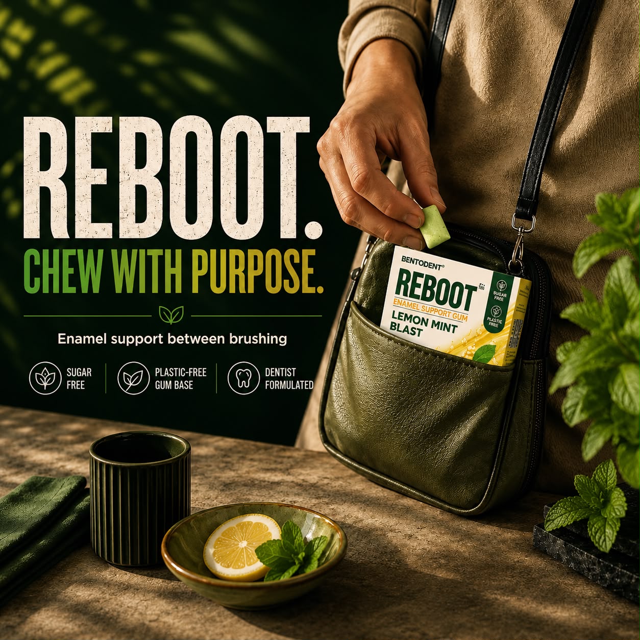 BENTODENT REBOOT Premium Enamel Support Gum – Lemon Mint Blast | Hydroxyapatite + Zinc Citrate | Sugar Free Gum for Fresh Breath & Enamel Care | Biodegradable Gum Base | 15 Pcs